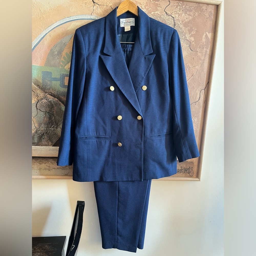 Vintage 80s Patchington Blue Poly Blazer/Pants Suit Set size 12